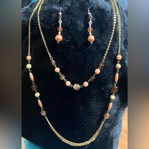 Women’s Beaded Double Chain Necklace With Dangly Beaded Earrings Set